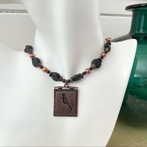 $49 SALE Handmade Lava Stone Copper Bird Pendant Chunky Necklace Beaded Gift